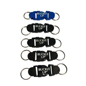 BUCKLE-UP Safety Keychain Set Lot of 5 Plastic Promotional Keyrings Blue & Black